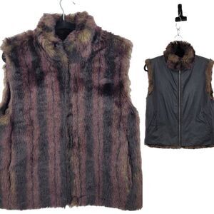 Cocoa New York Reversible Vest M Oxblood Black Striped Vegan Faux Fur Glam‎